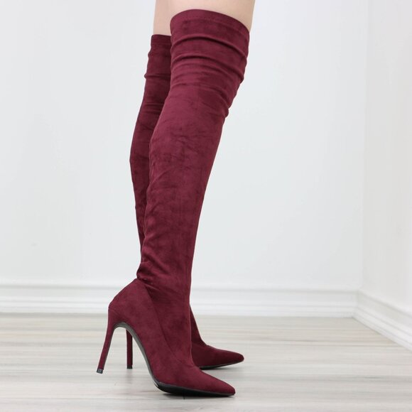 Burgundy Over-the-Knee Boots Pointed Toe Faux Suede Stiletto Heel - Picture 14 of 15